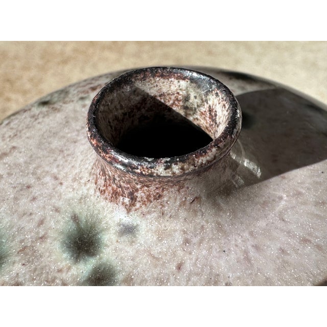 Boho Chic Beige Glossy Glazed Studio Ceramic Vase with Olive-Green Splashes from Serocka, Germany, 1970s For Sale - Image 3 of 9
