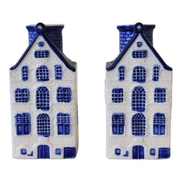 Vintage Blue and White Ceramic House Candle Holders - a Pair For Sale