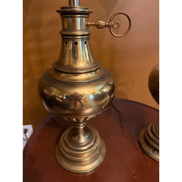 Pair Vintage Stiffel Brass Oil Lamp Style W/ Milk Glass Hollywood Regency Table Lamps W/ Additional Original Shades For Sale - Image 10 of 15