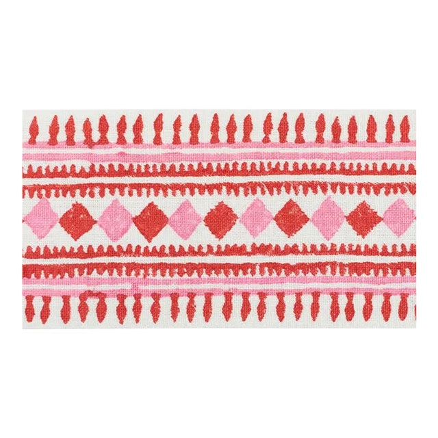Schumacher Toula Hand Blocked Linen Tape in Red & Pink For Sale