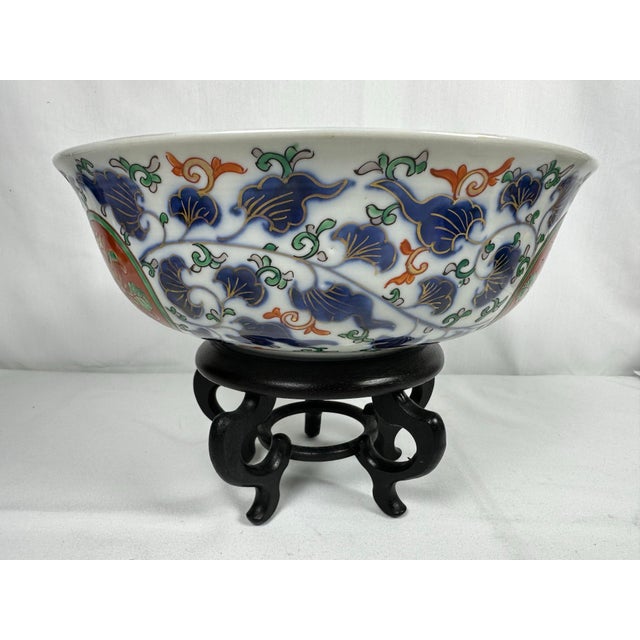 Japanese Late 20th Century Imari Large Porcelain Floral and Phoenix Bowl With Stand For Sale - Image 3 of 12