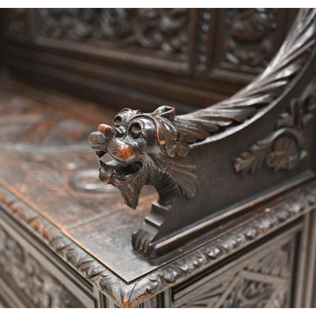 English Monks Bench in Carved Oak, 1880 For Sale - Image 3 of 3
