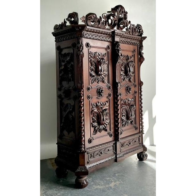 Late 19th Century Vintage Boho Black Forest Carved Oak Armoire For Sale - Image 5 of 14