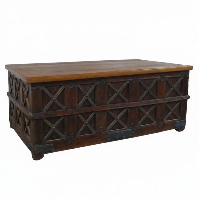 Wood 1950s Rustic Ranch Style Antique Teak Wood Chest Extra Large Coffee Table For Sale - Image 7 of 7