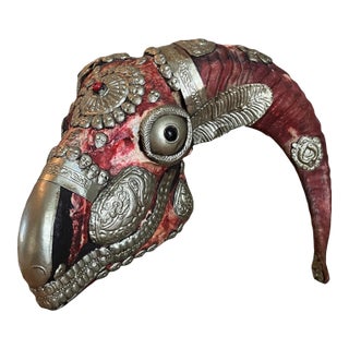 Vintage Tibetan Kapala-Style Decorated Ram Skull With Repoussé Metal & Skull Motifs For Sale
