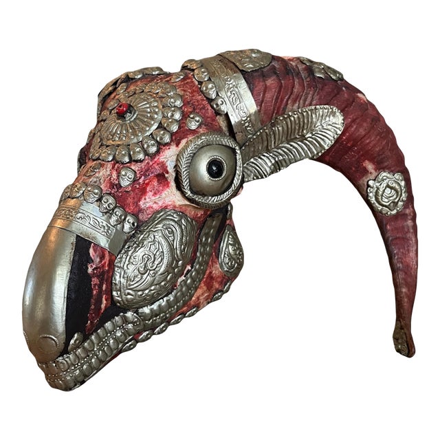 Vintage Tibetan Kapala-Style Decorated Ram Skull With Repoussé Metal & Skull Motifs For Sale