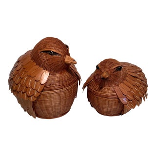 Mid Century Figural Bird Covered Wicker Baskets - a Pair For Sale