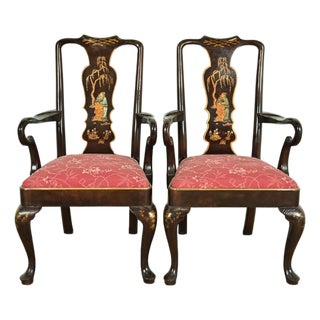 Henredon Chinoiserie Queen Anne Hand Painted Oak and Burl Wood Armchairs, Pair For Sale