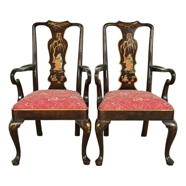 Henredon Chinoiserie Queen Anne Hand Painted Oak and Burl Wood Armchairs, Pair For Sale