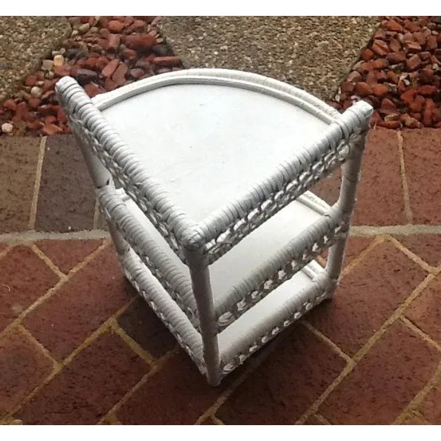 Mid-Century Modern Vintage White Wicker Corner Vanity Shelf or Plant Stand For Sale - Image 3 of 6