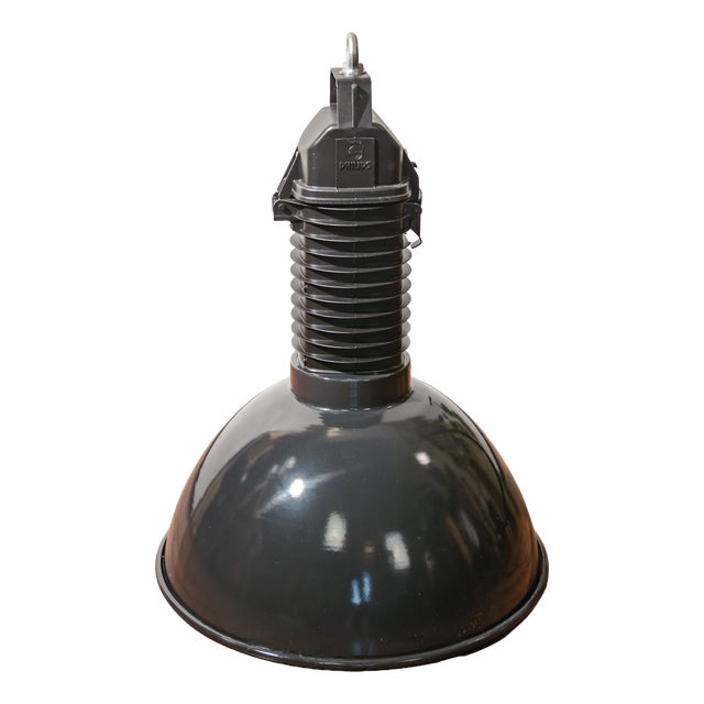 HDK Black Enamel and Black Cast Aluminum Factory Pendant Light from Philips, Holland, 1950s For Sale