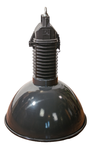 HDK Black Enamel and Black Cast Aluminum Factory Pendant Light from Philips, Holland, 1950s