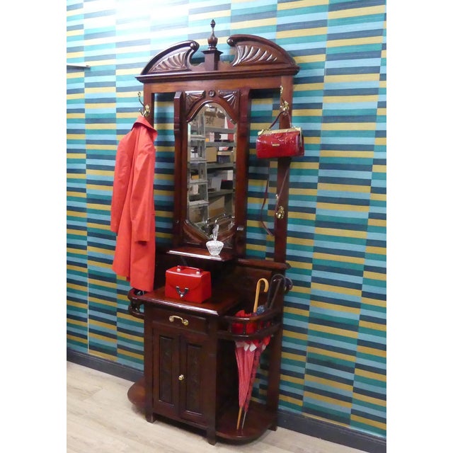 Antique Art Nouveau Mahogany Wardrobe with Beveled Mirror, Chest of Drawers, and Umbrella Stand, 1920s For Sale - Image 4 of 18