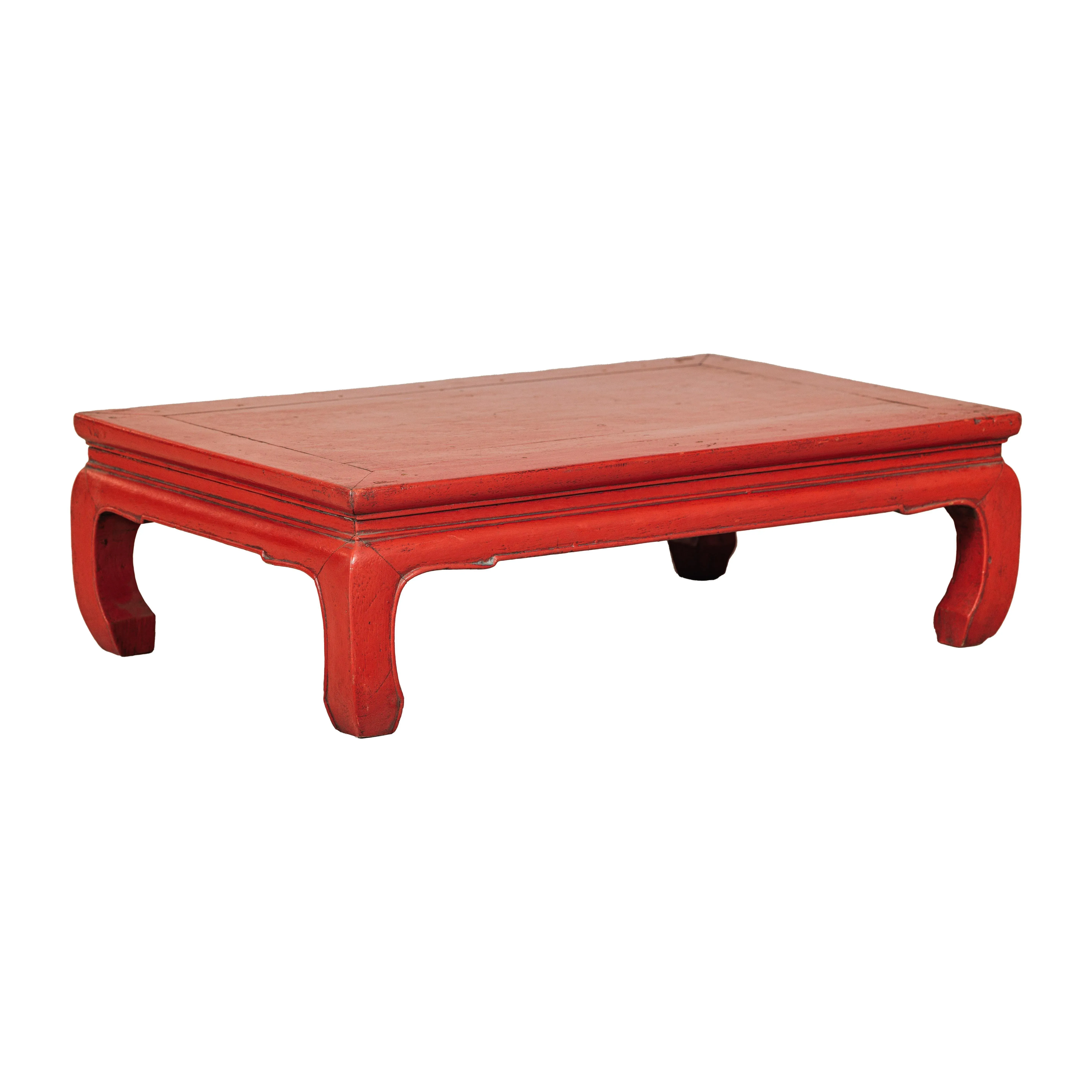 Vintage Chinese Low Red Lacquer Coffee Table with Curved Legs