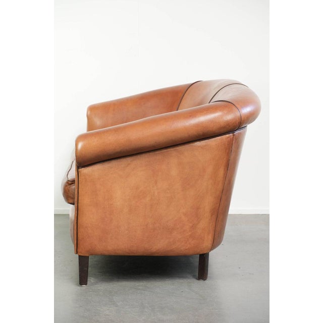 Sheepskin 2-Seater Sofa with Warm Cognac Brown Color Scheme and Finish with Black Piping For Sale - Image 4 of 15