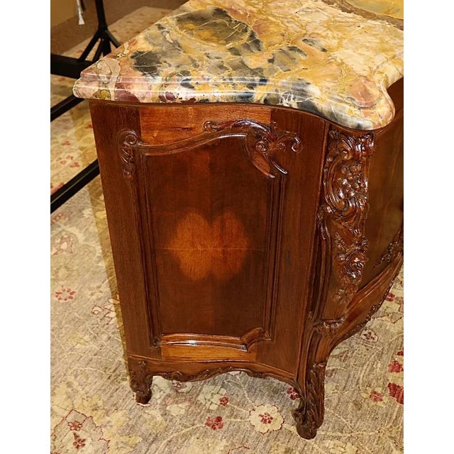 French 1920s ​French Marble Top Louis XV Style Carved Circassian Walnut Commode For Sale - Image 3 of 10