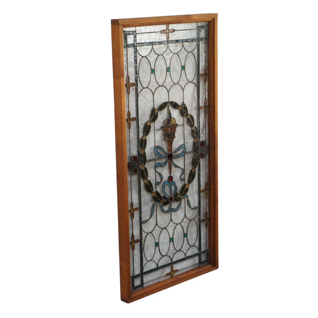 Victorian Antique Victorian French Neoclassical Stained Glass Ribbon Torchiere Window For Sale - Image 3 of 12