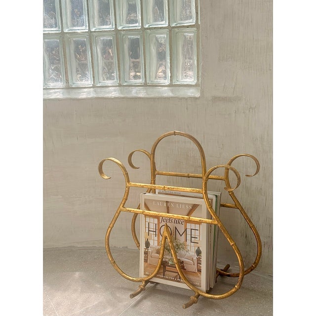 Vintage Hollywood Regency Style Gilt Faux-Bamboo Metal Magazine, Newspaper, Book Rack, Vinyl Record Holder, Circa 1950s....