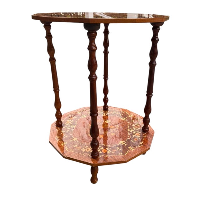Antique Inlaid Mahogany Octagon Two‑Tier Side Table — Floral Marquetry For Sale In Washington DC - Image 6 of 12