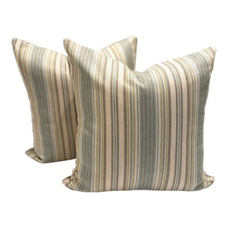 Custom Blue + Tan Striped Euro Pillows - a Pair For Sale