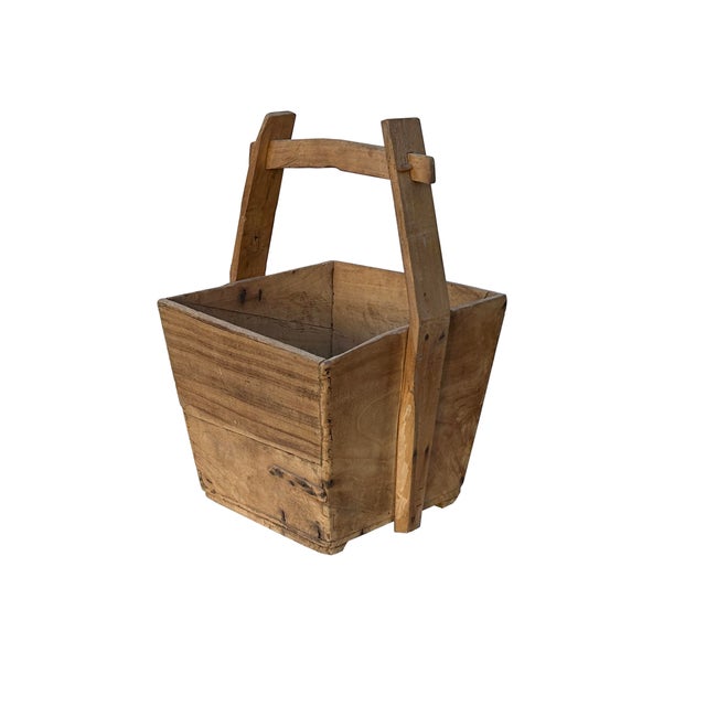 Rustic Vintage Rustic Raw Wood Light Tan Square With Handle Wood Bucket For Sale - Image 3 of 6