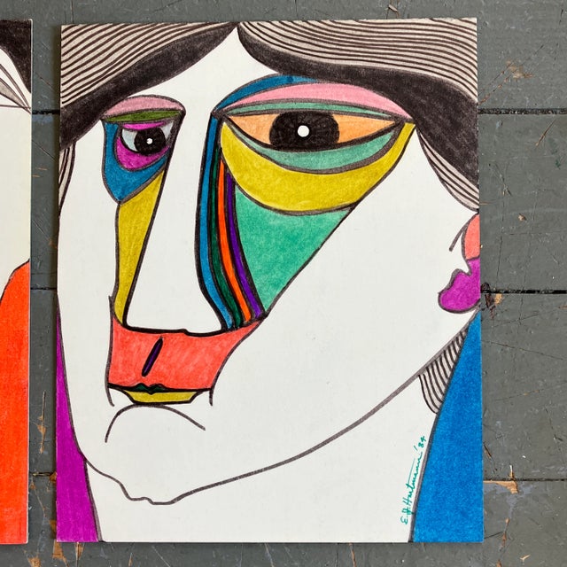 Abstract 1980’s 2 Original E.J.Hartmann Abstract Portrait Colored Marker Drawings-A Pair For Sale - Image 3 of 7