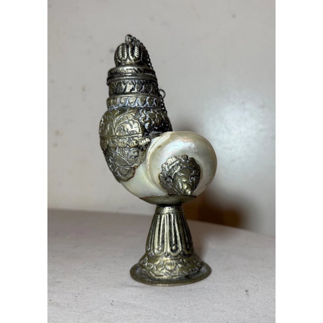 English Antique Anglo Indian Tooled Silver Metal Mounted Nautilus Shell Lidded Cup Box For Sale - Image 3 of 13