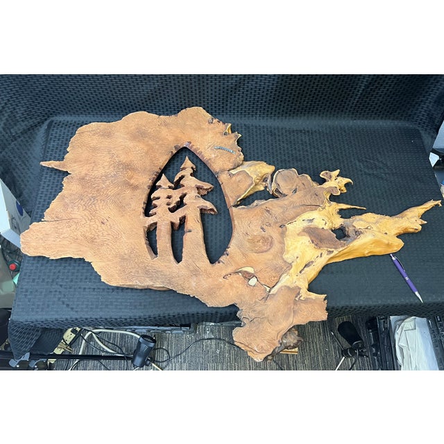 1980s Large Redwood Burl Live Edge Slab With 2 Carved Trees Wall Hanging Sculpture For Sale - Image 12 of 12