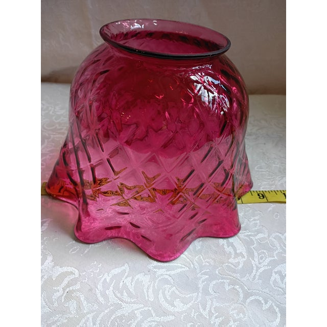 1950s Mid-Century Fenton Style Diamond Quilted Cranberry Glass Ruffled Lamp Shade For Sale - Image 5 of 9