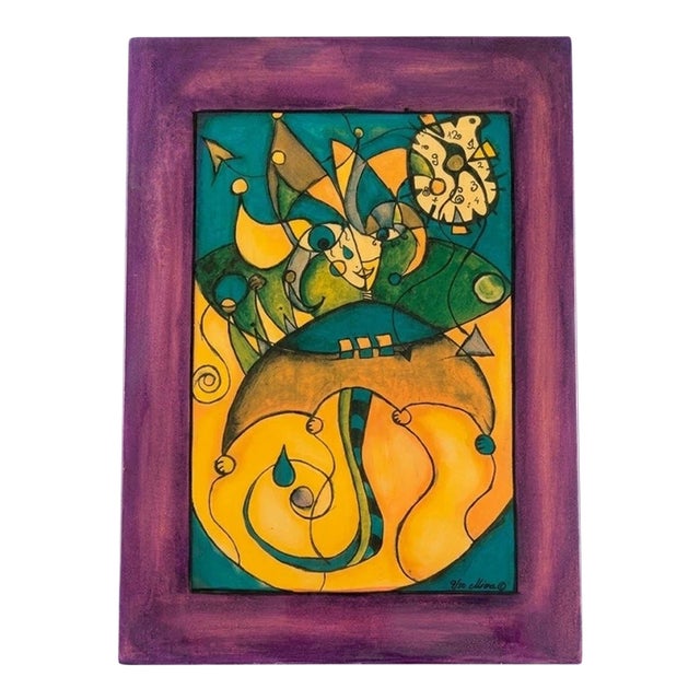 Vintage Harlequin Jester Abstract Painting Wood Panel Signed Mira 9/50 21x15 For Sale