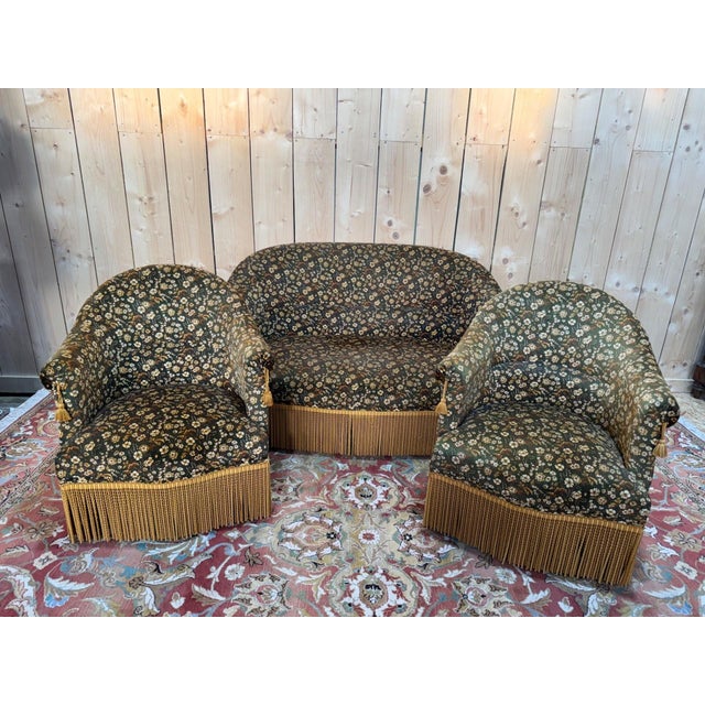 Green Toadstool Lounge Chair and Sofa in Floral Fabric and Gold Trimmings, 1890s, Set of 3 For Sale - Image 8 of 8
