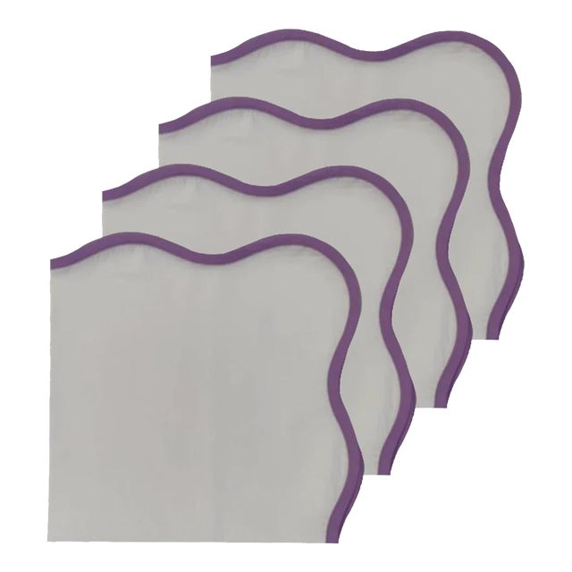Handmade Scalloped Napkins, White with Lavender Piping - Set of 4 For Sale