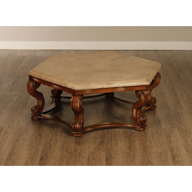 Spanish Revival Century Furniture Tuscan Style Large Travertine Top Hexagonal Coffee Table For Sale - Image 3 of 18