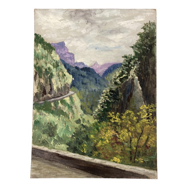 Henry d'Avesnes, Landscape with the Mauve Mountains, Oil on Cardboard, 1950s For Sale