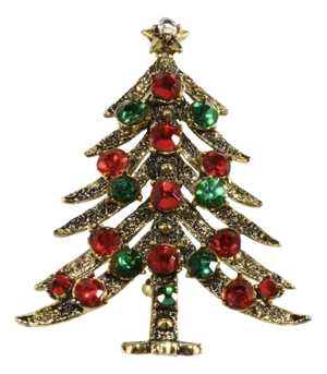 1960s Vintage Hollycraft Gold Plated Christmas Tree Pin With Red & Green Rhinestones