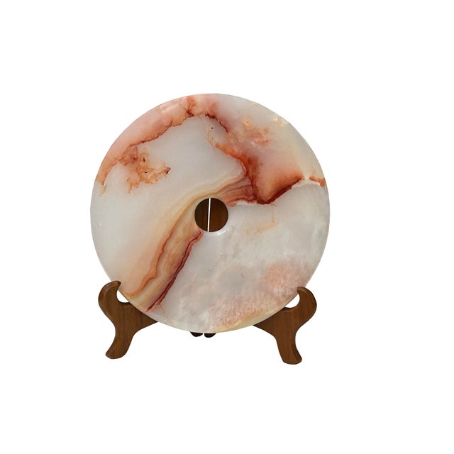 9.75" Natural White Brown Onyx Stone Round Fengshui Home Decor Display For Sale - Image 9 of 16