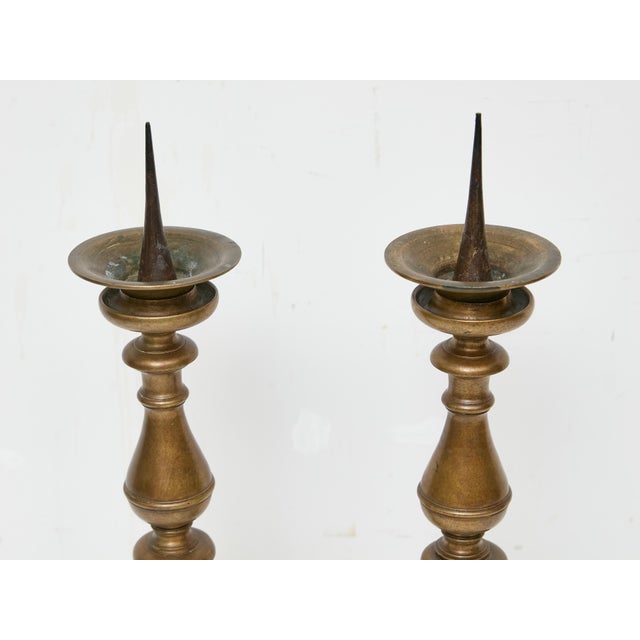 Metal Pair of Tall 18th Century Italian Bronze Pricket Candlesticks For Sale - Image 7 of 12