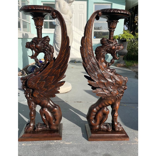 19th Century Rare Monumental Pair of Hand-Carved Griffin Pedestal Stands in Dark Wood For Sale - Image 4 of 12