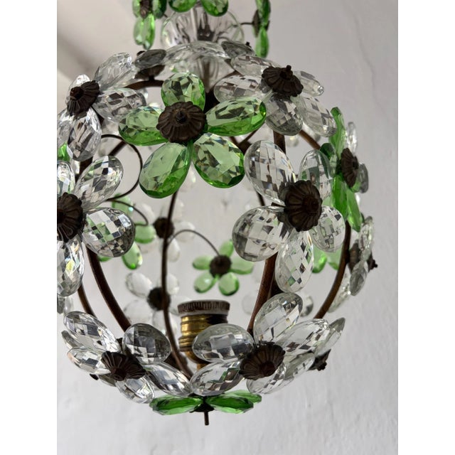 French Green Flower Ball Crystal Prisms Maison Baguès Style Chandelier, 1920s For Sale - Image 6 of 9