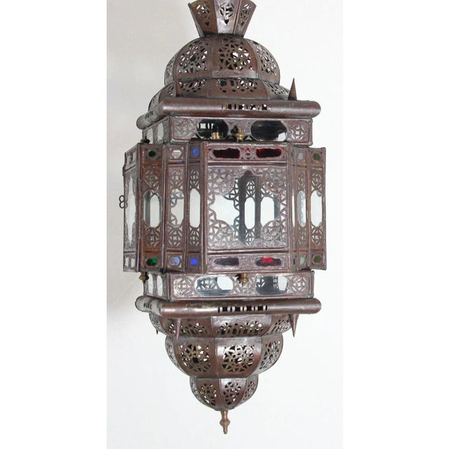 Vintage Moroccan Handcrafted Lantern Ceiling Light With Multi-Color Glass For Sale - Image 10 of 12