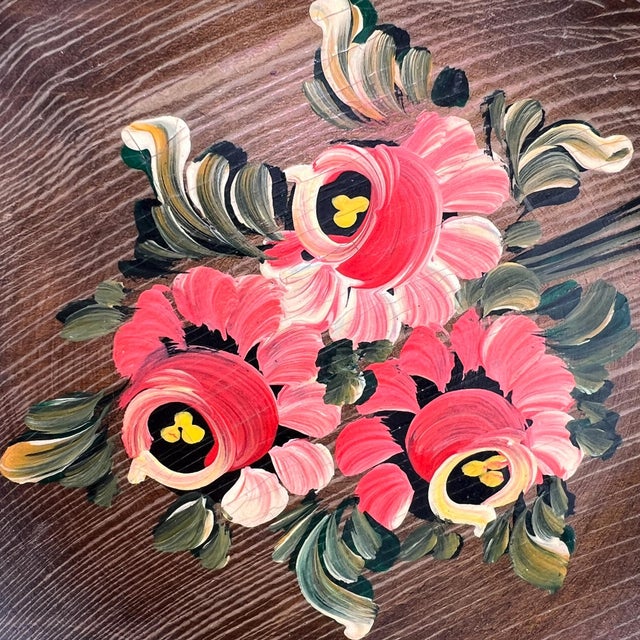 Wood Mid 20th Century Hand-Painted Folk Art Wooden Bowl, Floral Tole Design For Sale - Image 7 of 12