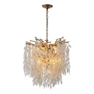 Aloadecor 11-Light 22'' Modern Branch Chandelier With Glass Leaves in Painted Brass for Dining Room and Entryway For Sale