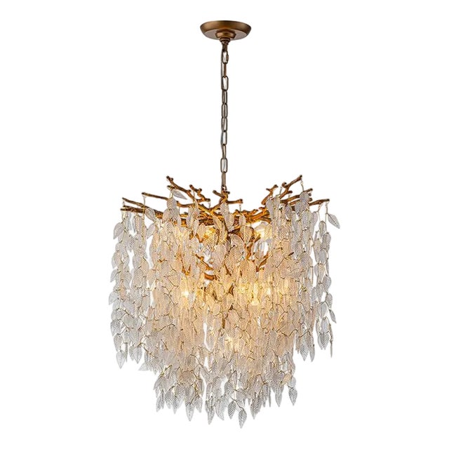 Aloadecor 11-Light 22'' Modern Branch Chandelier With Glass Leaves in Painted Brass for Dining Room and Entryway For Sale