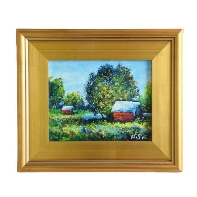 Wood Red Cottages & Lush Landscape Oil Painting Including the Antiqued Gold Wood Frame For Sale - Image 7 of 10