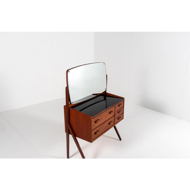 Black Mid-Century Danish Teak Vanity Table with Black Glass Top, 1960s For Sale - Image 8 of 14