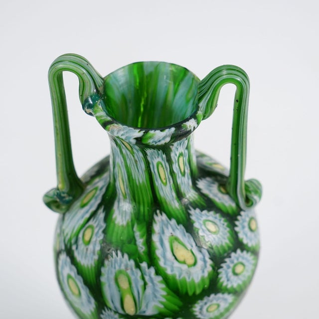 1920s Antique Millefiori Vase Green With Handles, Fratelli Toso Murano Ca. 1920s For Sale - Image 5 of 7