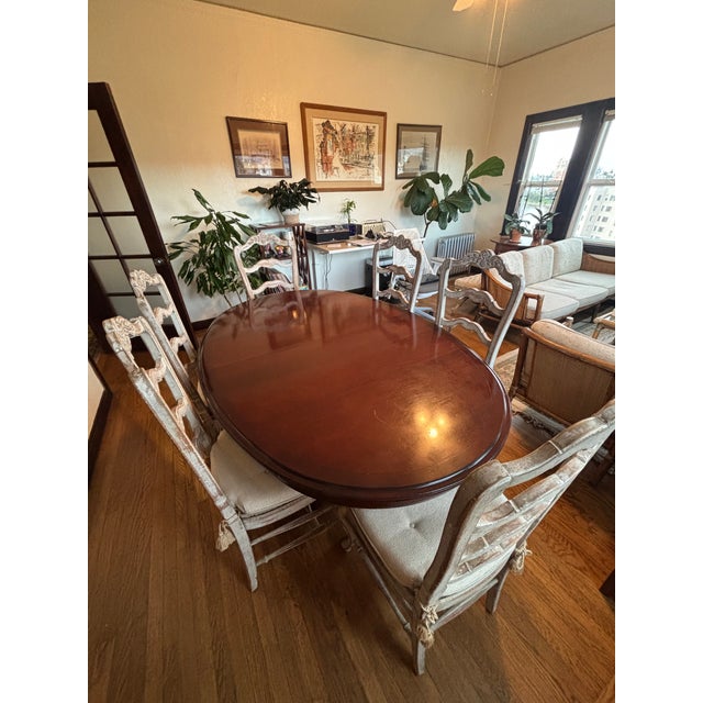 French Country Vintage French Dining Chairs S/6 Ladder-Back Rush Seats Custom Pads For Sale - Image 3 of 12