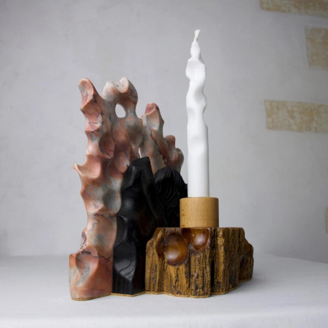 Reclaimed Pine and Pink Marble Candle Holder — Yakisugi Charred, Melting Collection | Gabor Gobi For Sale - Image 4 of 10