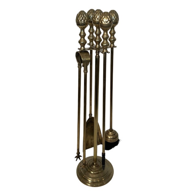 Neoclassical brass pineapple fireplace tools in the style of Maison Baguès For Sale