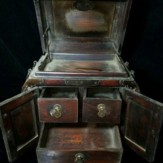 Antique Chinese Redwood Jewelry Box With Intricate Silver/White Metal Mounts For Sale In Los Angeles - Image 6 of 8